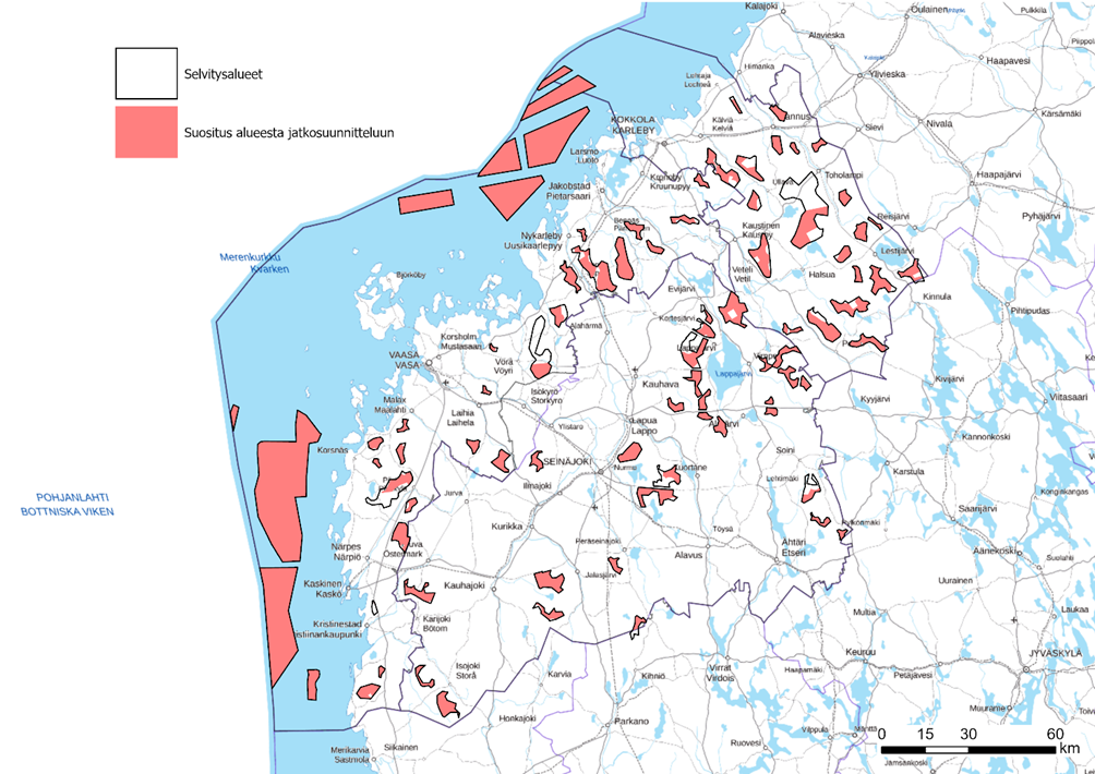 I Södra Österbottens, Mellersta Österbottens och Österbottens vindkraftsutredning granskade nya potentiella vindkraftsområden samt områden som rekommenderas för vidare planering.
